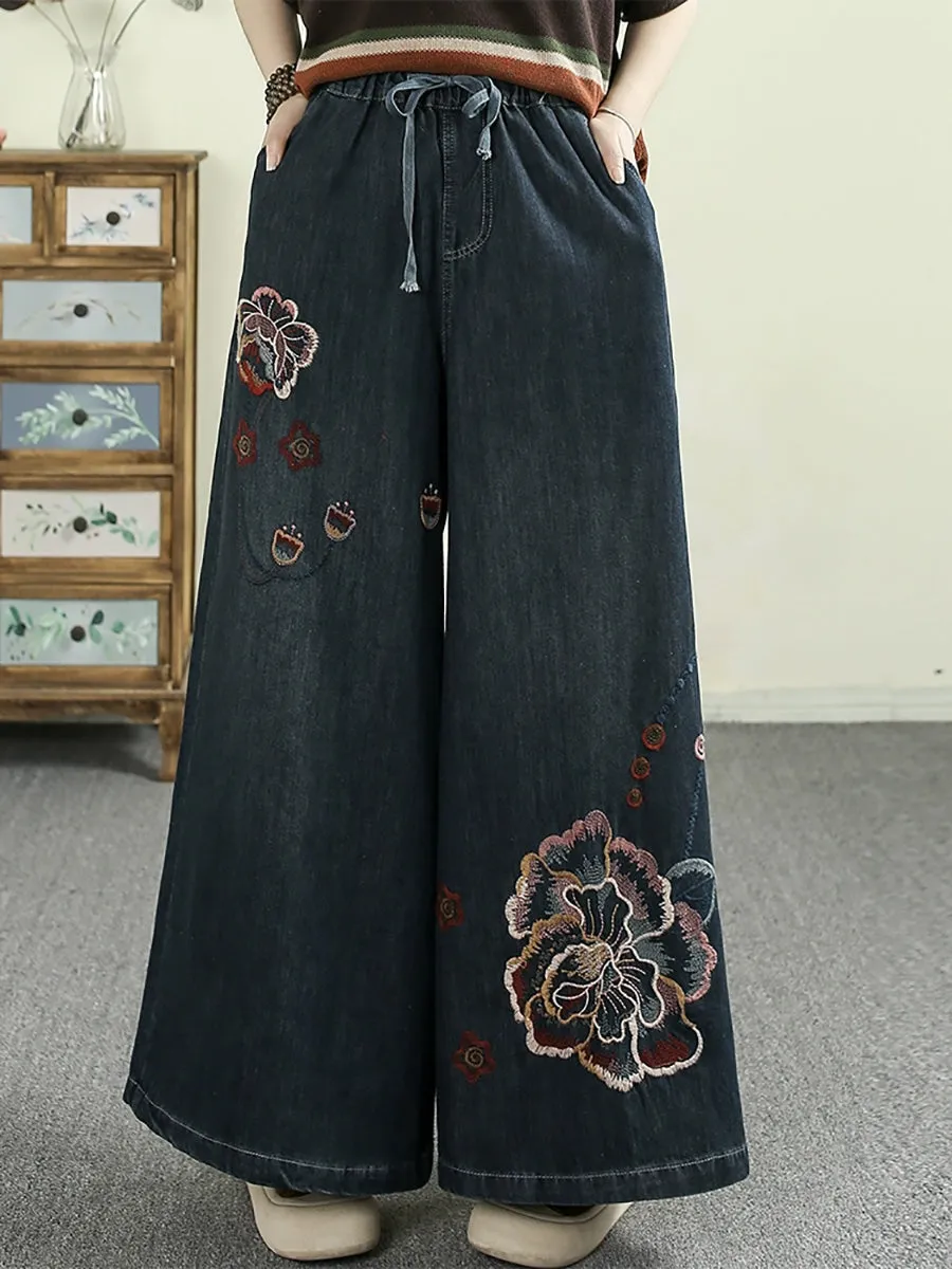 Women Retro Flower Embroidery Denim Wide-leg Pants