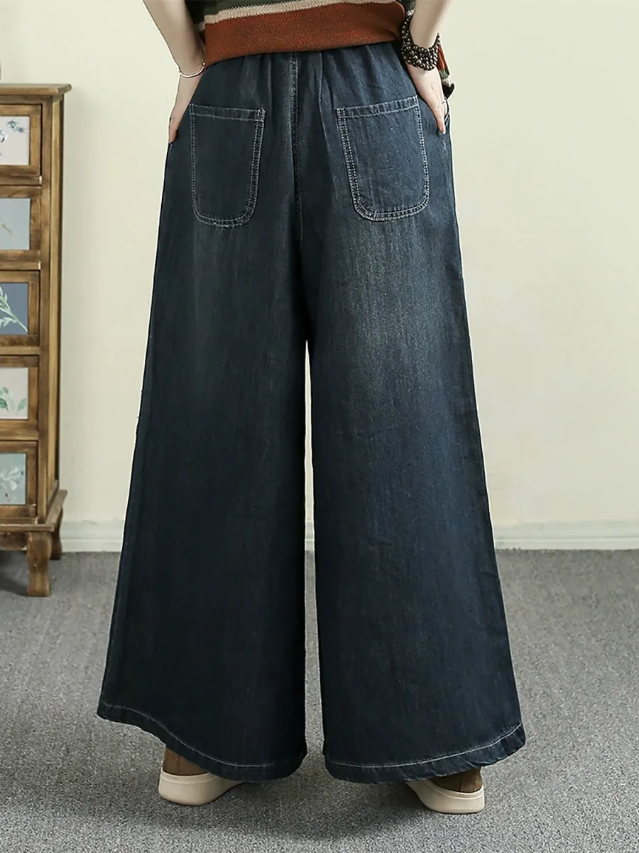 Women Retro Flower Embroidery Denim Wide-leg Pants