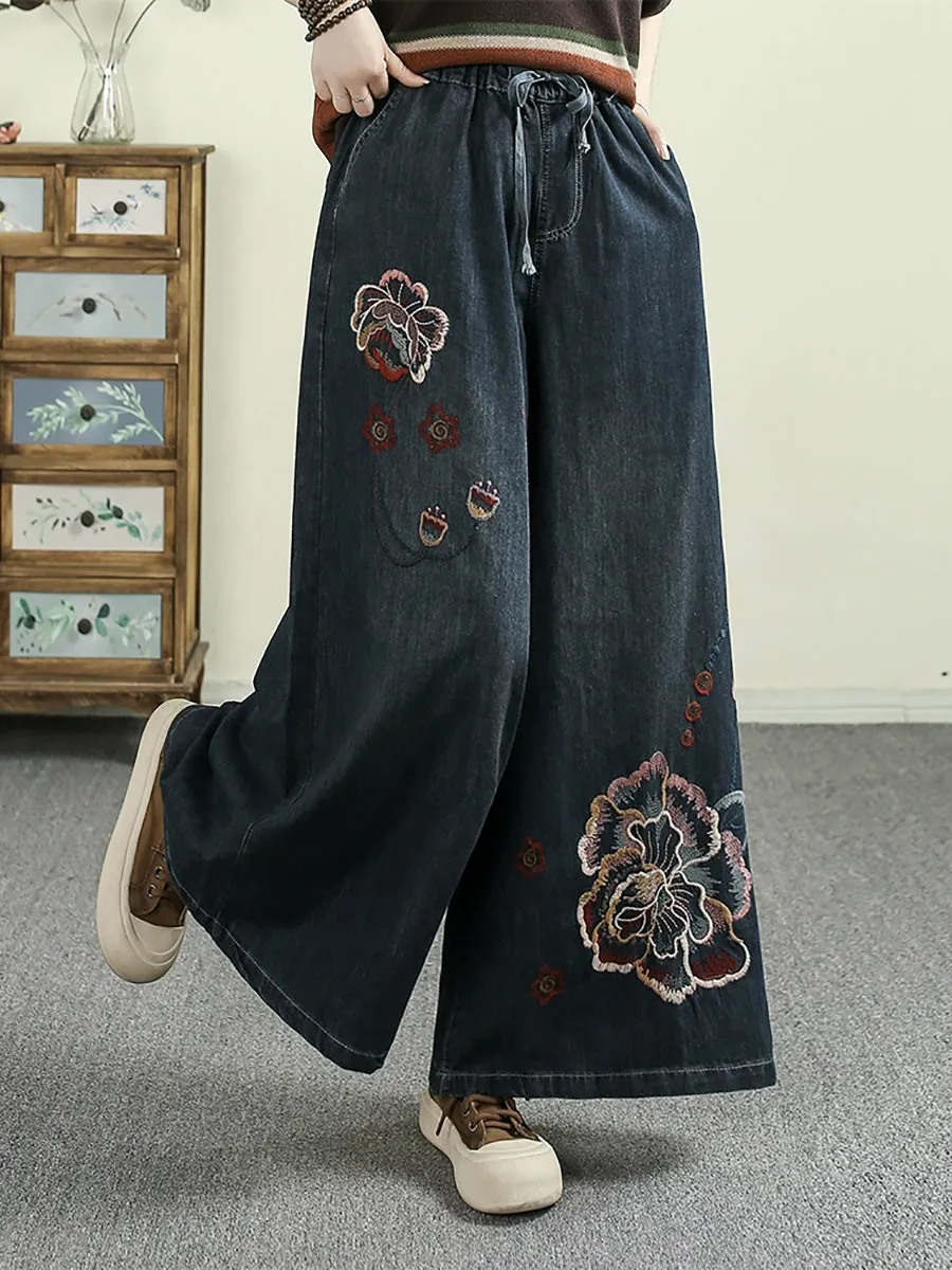Women Retro Flower Embroidery Denim Wide-leg Pants