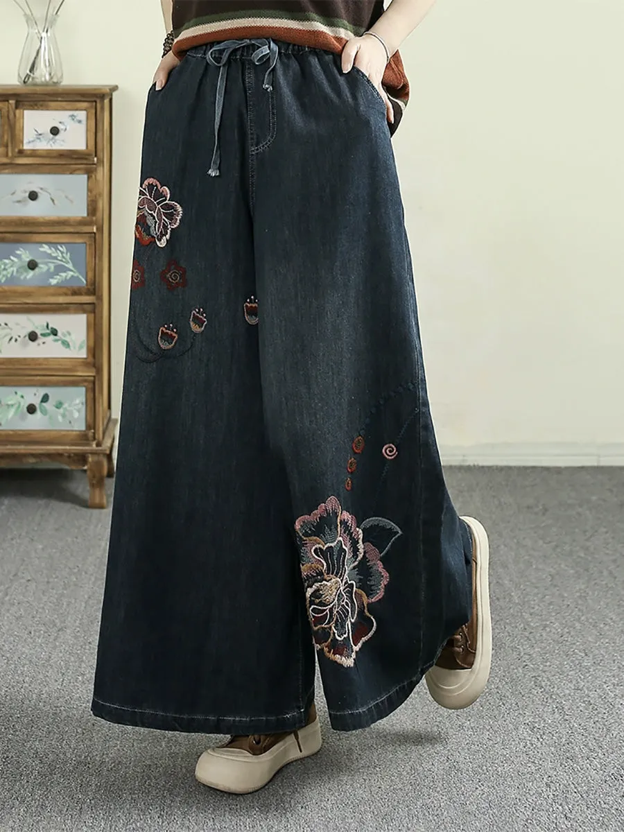 Women Retro Flower Embroidery Denim Wide-leg Pants