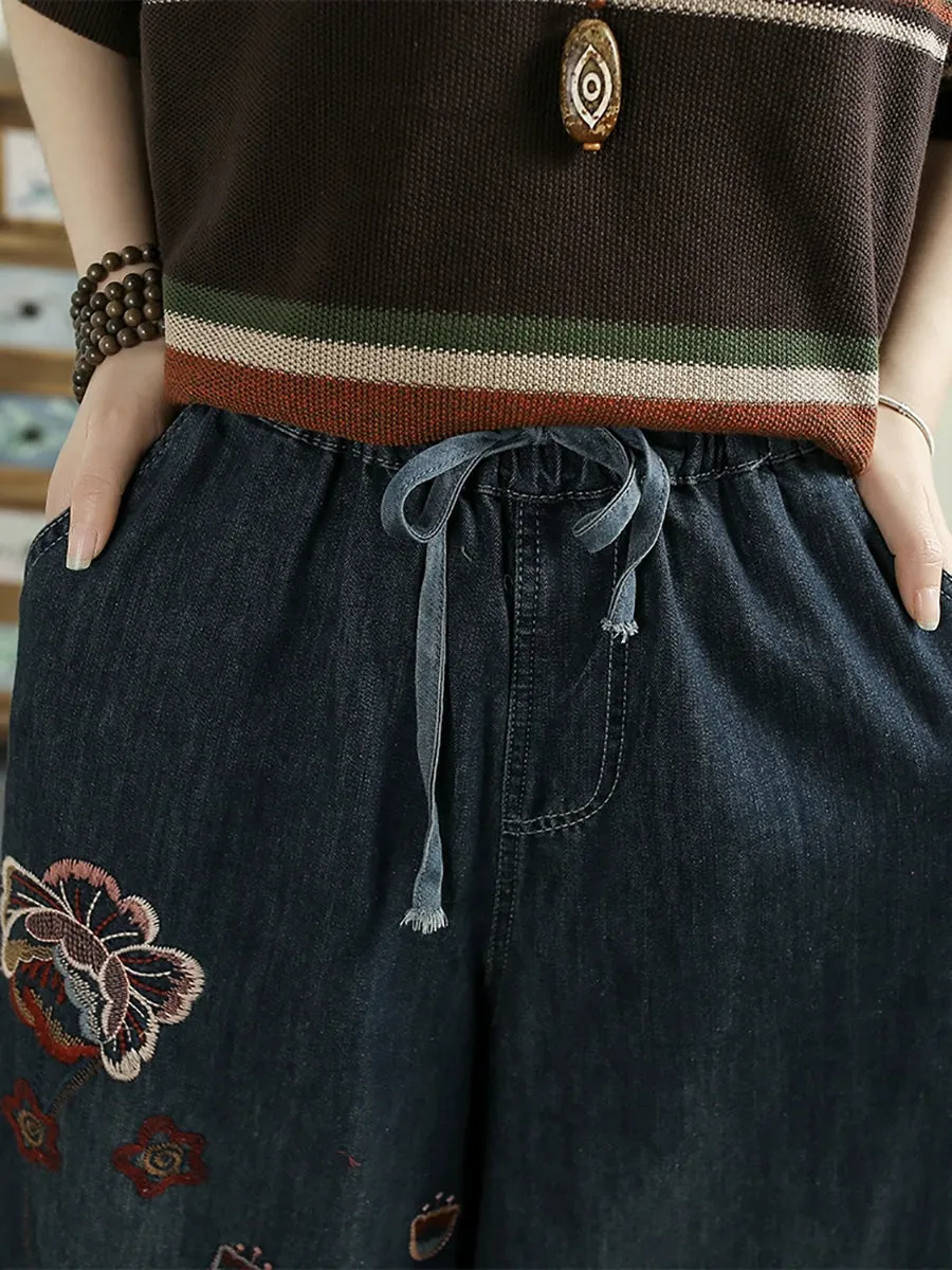 Women Retro Flower Embroidery Denim Wide-leg Pants