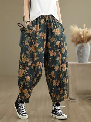 Women Retro Flower Spliced Denim Harem Pants