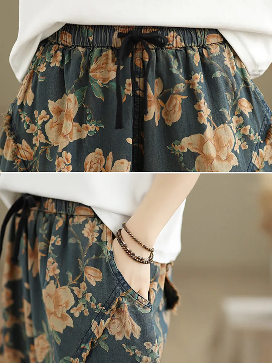 Women Retro Flower Spliced Denim Harem Pants