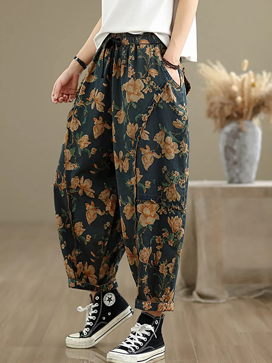 Women Retro Flower Spliced Denim Harem Pants