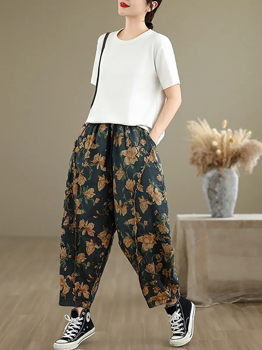 Women Retro Flower Spliced Denim Harem Pants