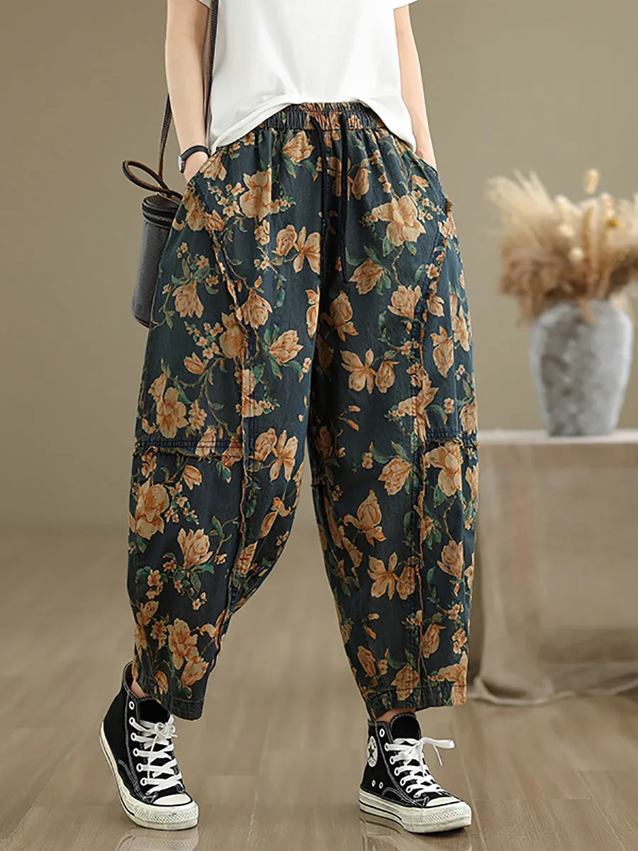 Women Retro Flower Spliced Denim Harem Pants