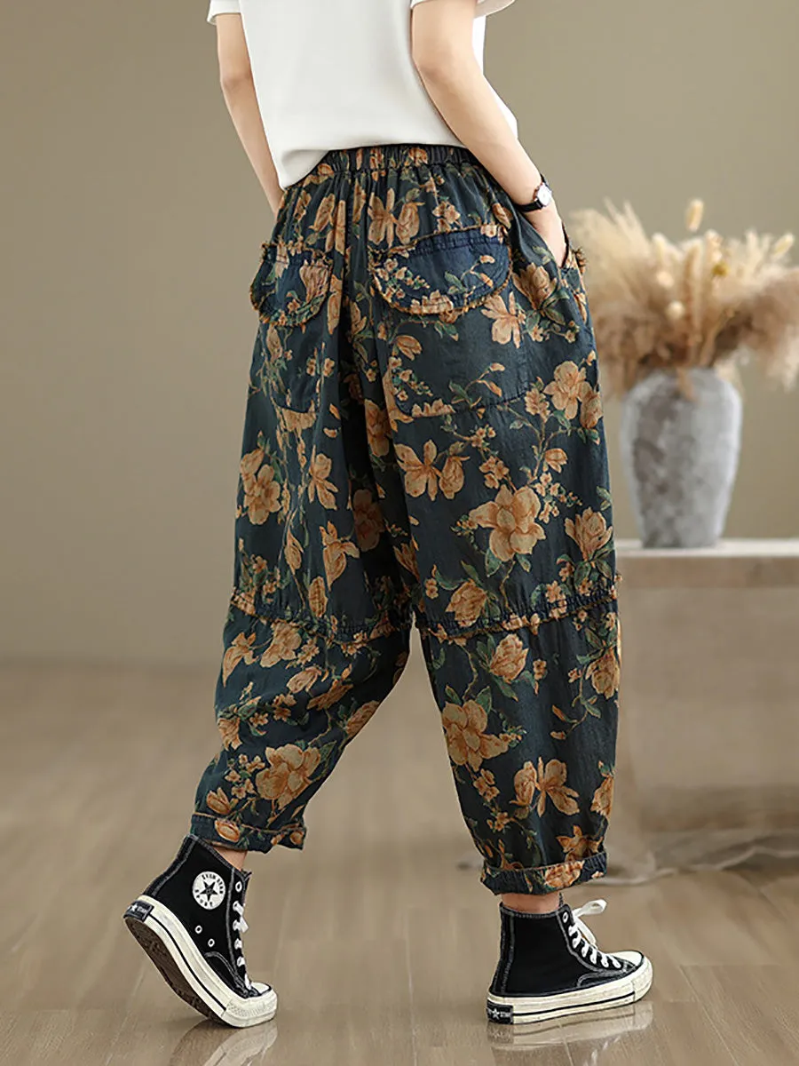 Women Retro Flower Spliced Denim Harem Pants