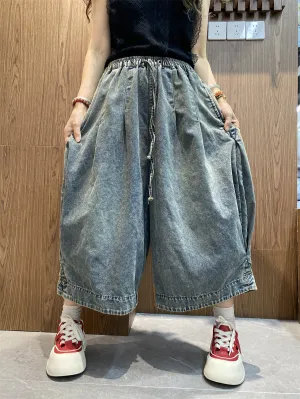 Women Retro Summer Pure Color Denim Wide-leg Pants