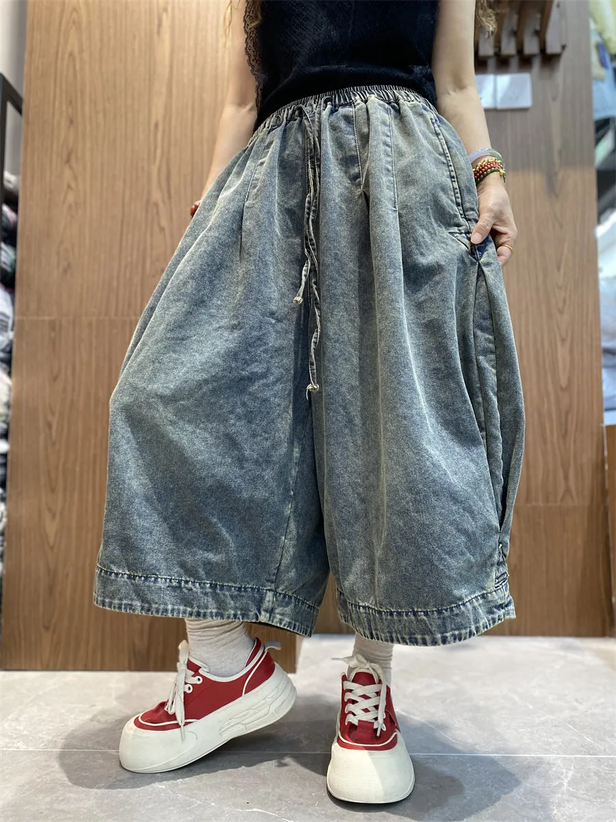 Women Retro Summer Pure Color Denim Wide-leg Pants