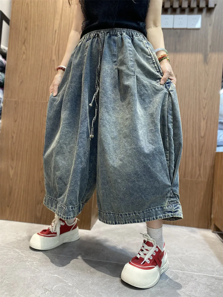 Women Retro Summer Pure Color Denim Wide-leg Pants