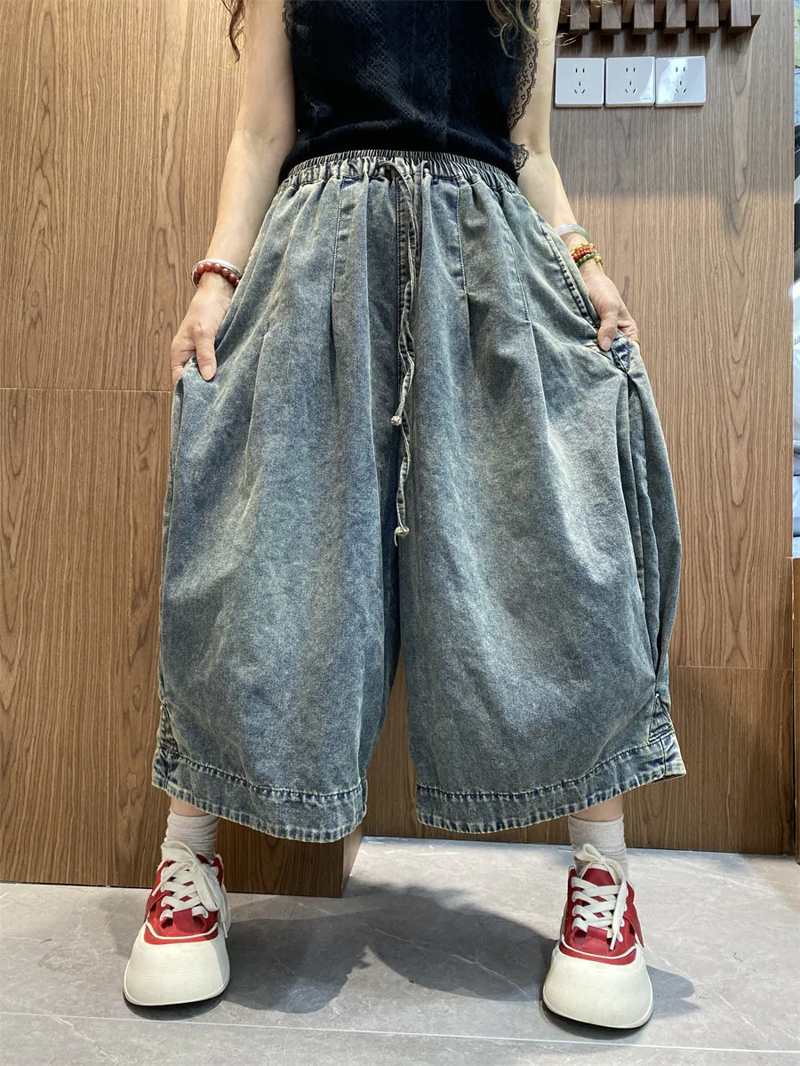 Women Retro Summer Pure Color Denim Wide-leg Pants