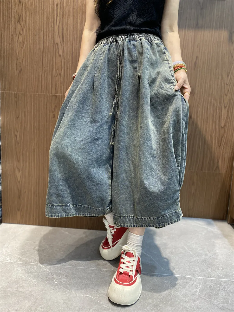 Women Retro Summer Pure Color Denim Wide-leg Pants