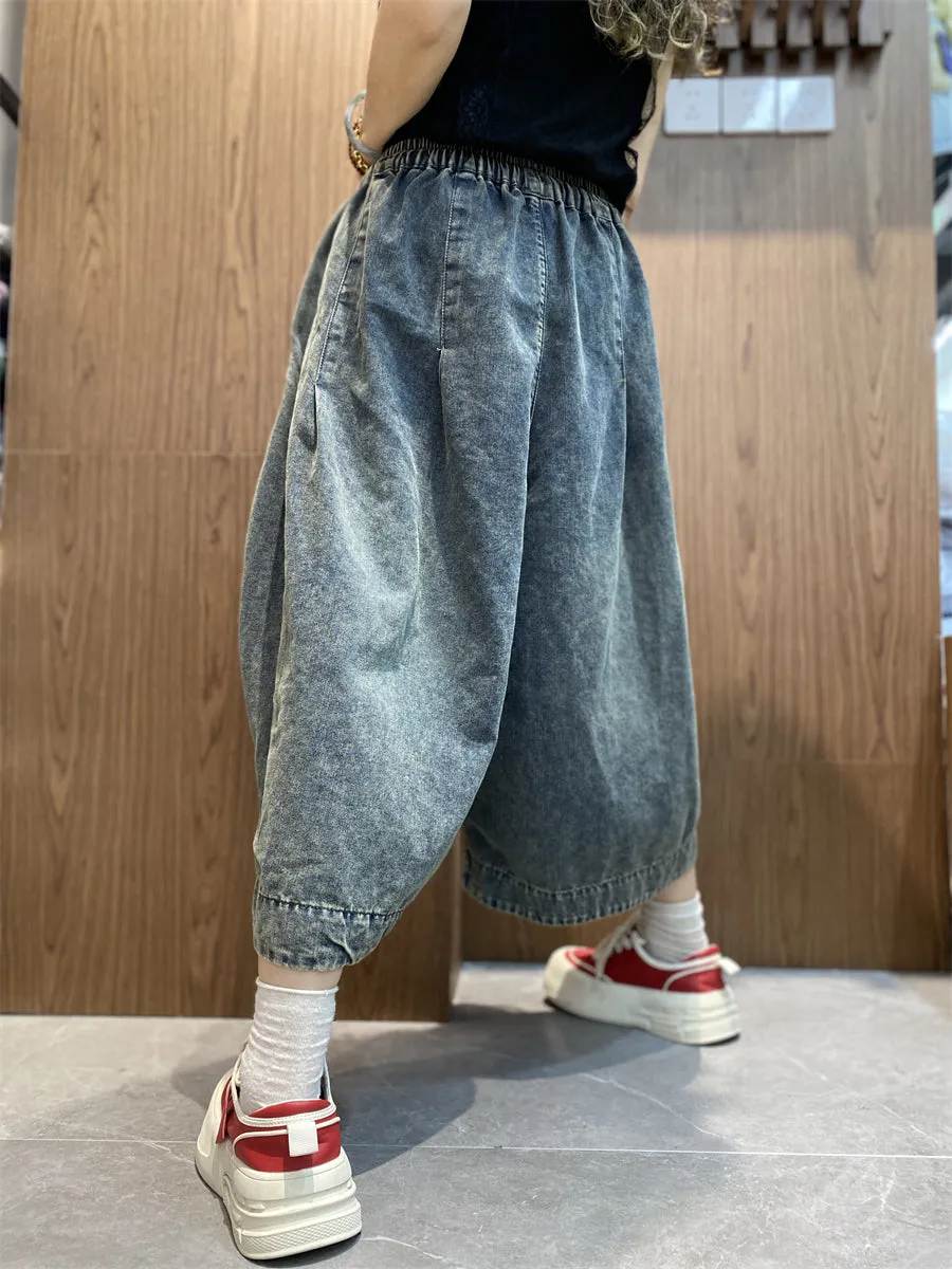 Women Retro Summer Pure Color Denim Wide-leg Pants