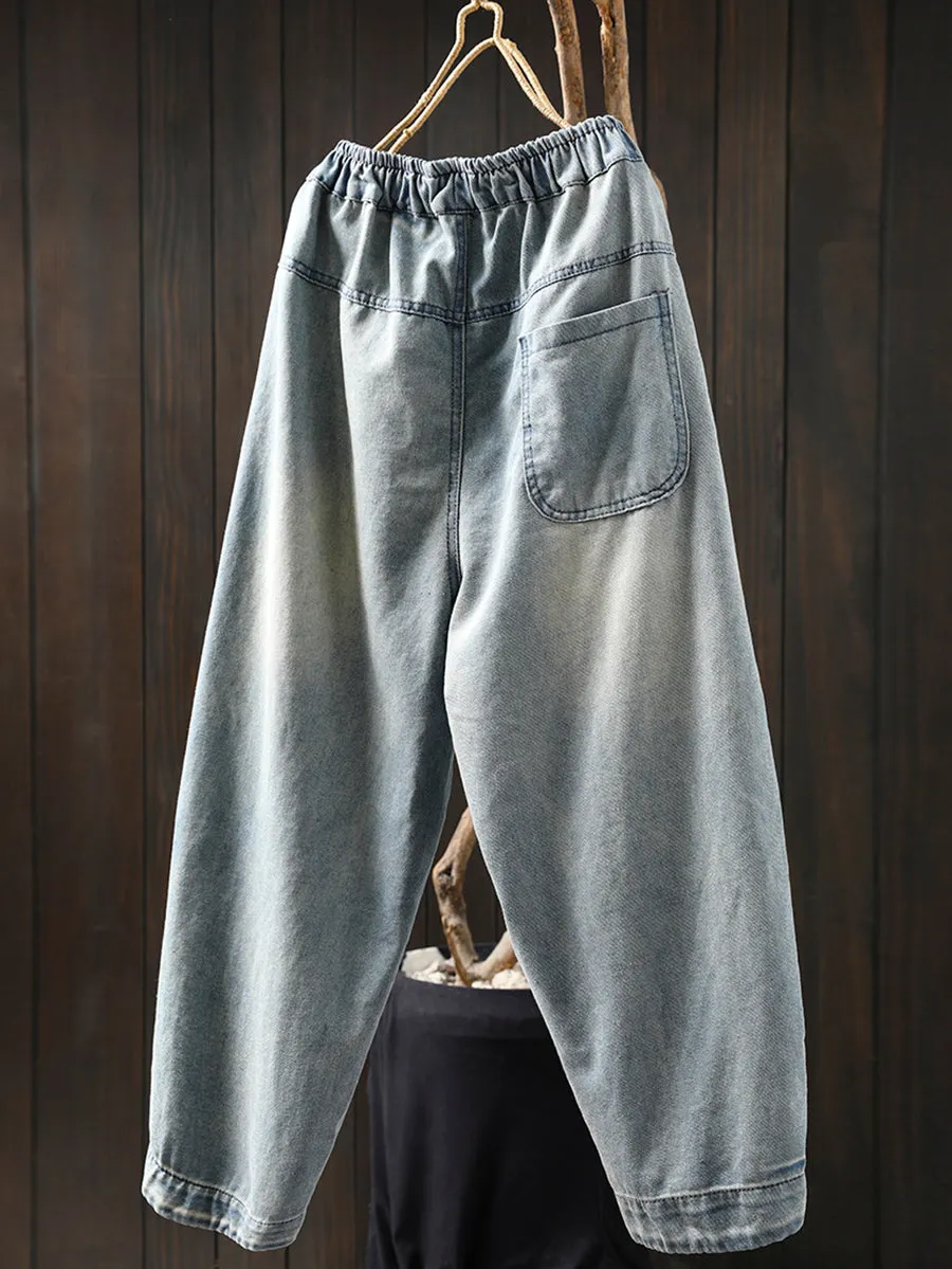 Women Spring Embroidery Frayed Denim Harem Pants