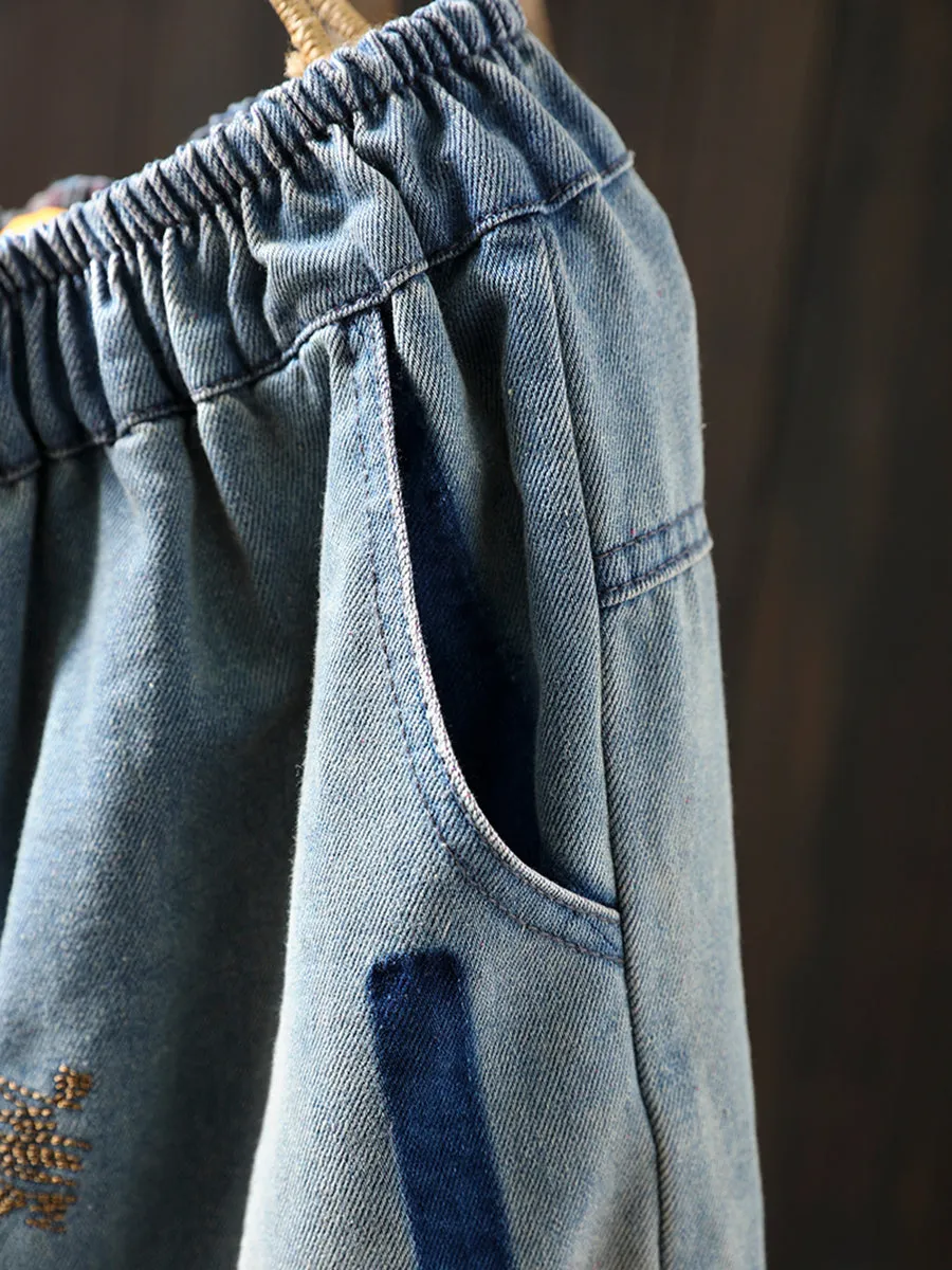Women Spring Embroidery Frayed Denim Harem Pants
