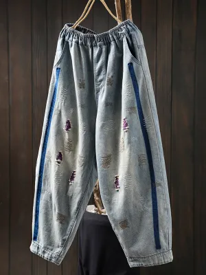 Women Spring Embroidery Frayed Denim Harem Pants