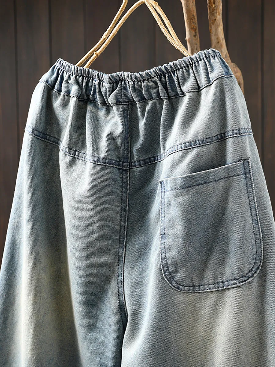 Women Spring Embroidery Frayed Denim Harem Pants