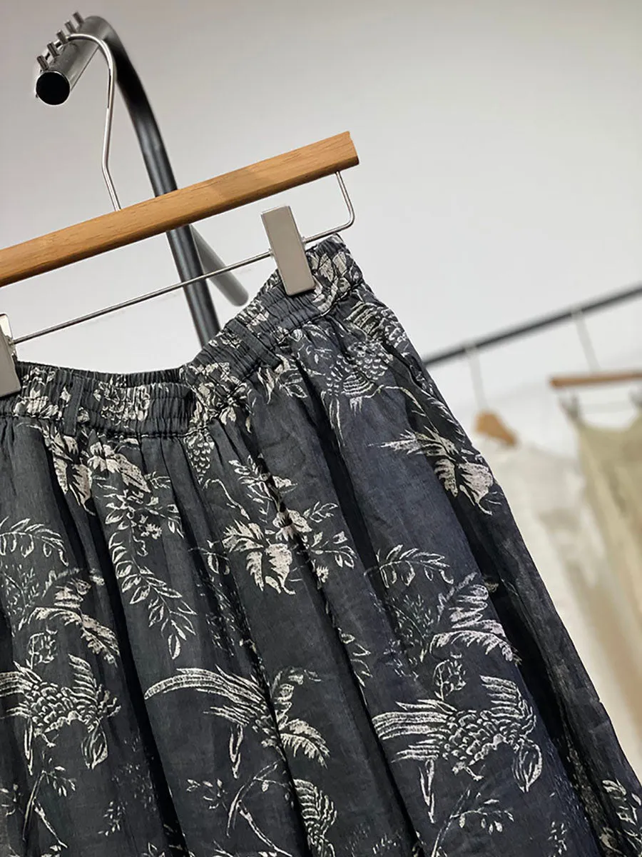 Women Spring Vinage Flower Ramie Wide-leg Pants