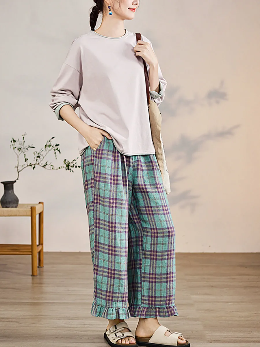 Women Summer Artsy Plaid 100%Linen Straight Pants