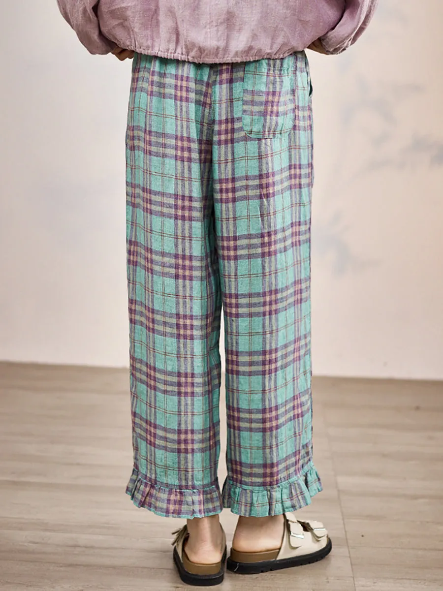Women Summer Artsy Plaid 100%Linen Straight Pants