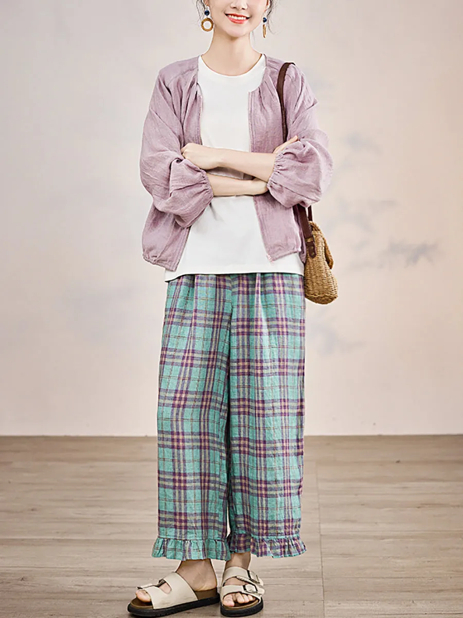 Women Summer Artsy Plaid 100%Linen Straight Pants