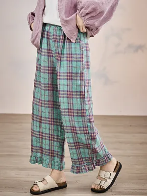 Women Summer Artsy Plaid 100%Linen Straight Pants