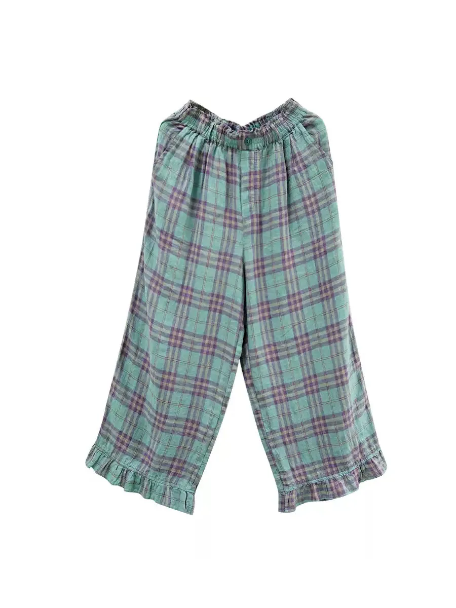 Women Summer Artsy Plaid 100%Linen Straight Pants