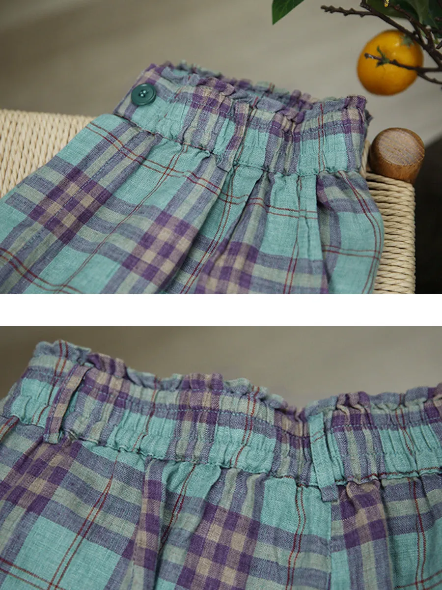 Women Summer Artsy Plaid 100%Linen Straight Pants