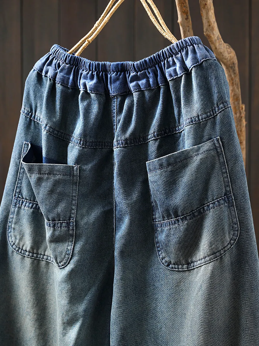 Women Summer Embroidery Patch Denim Harem Pants