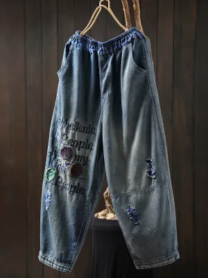 Women Summer Embroidery Patch Denim Harem Pants