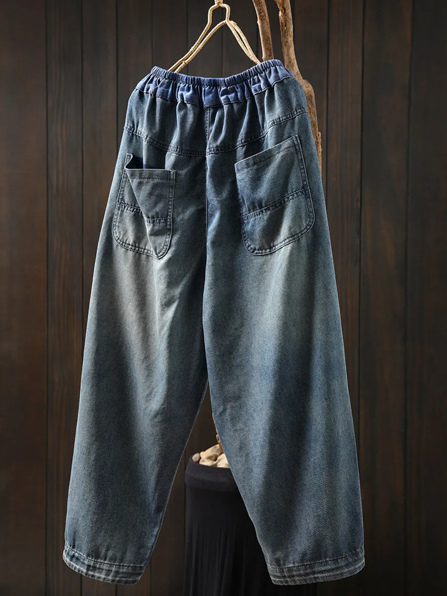 Women Summer Embroidery Patch Denim Harem Pants