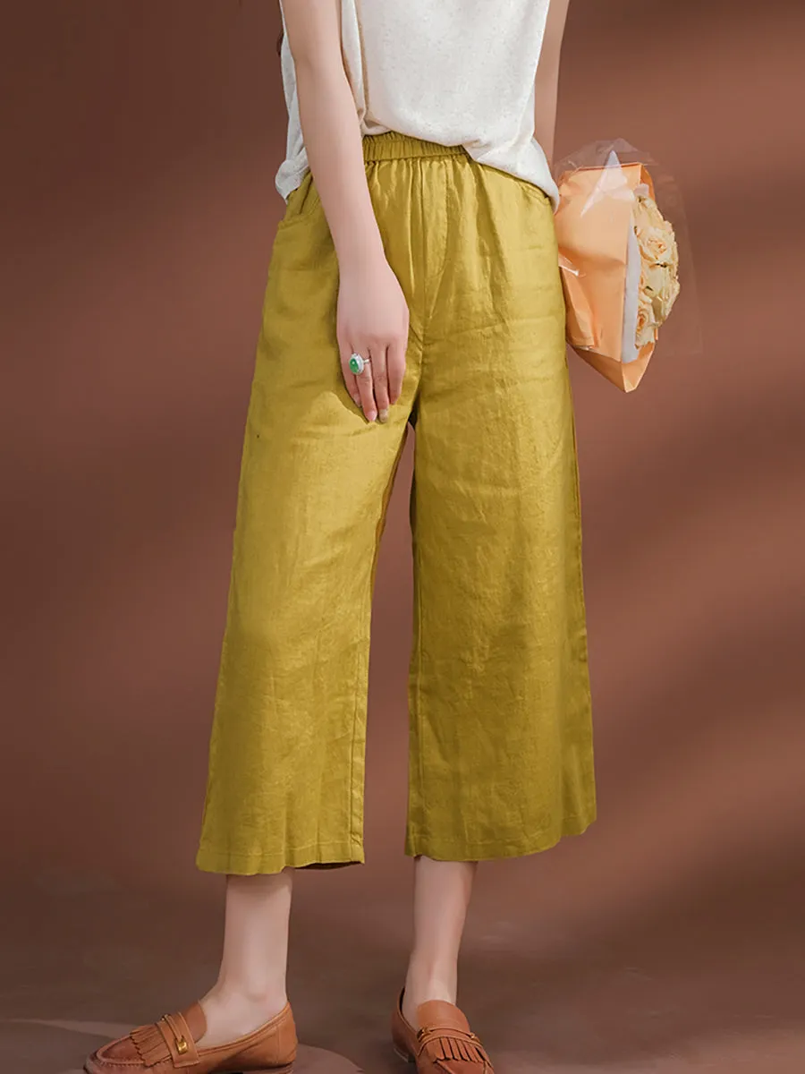 Women Summer Pure Color 100%Linen Wide-leg Cropped Pants