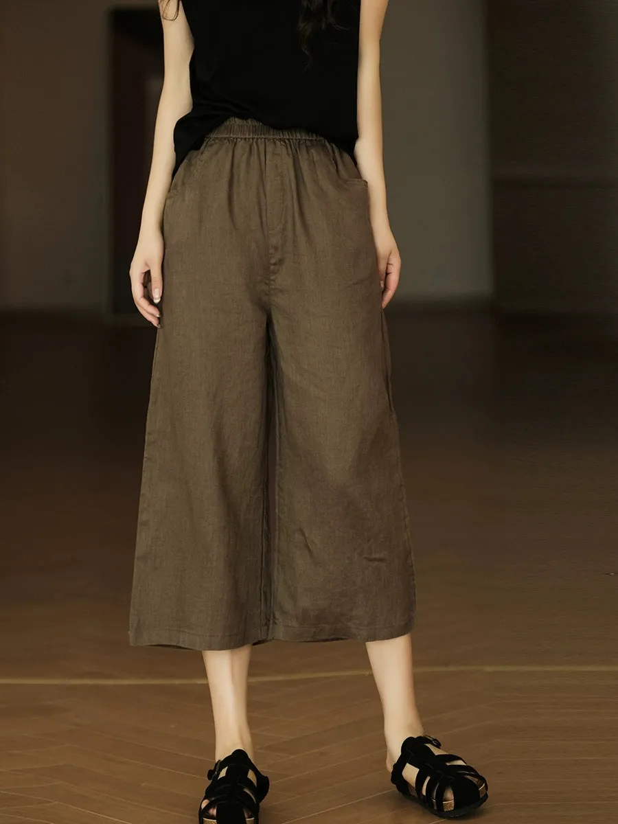 Women Summer Pure Color 100%Linen Wide-leg Cropped Pants