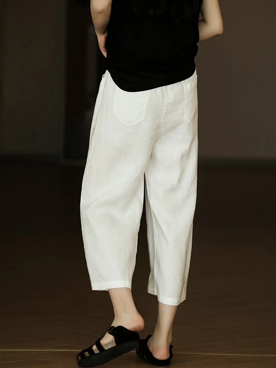 Women Summer Pure Color 100%Linen Wide-leg Cropped Pants