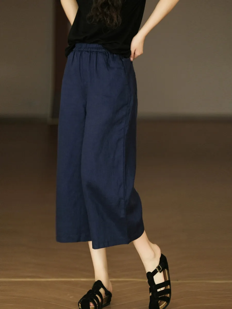Women Summer Pure Color 100%Linen Wide-leg Cropped Pants
