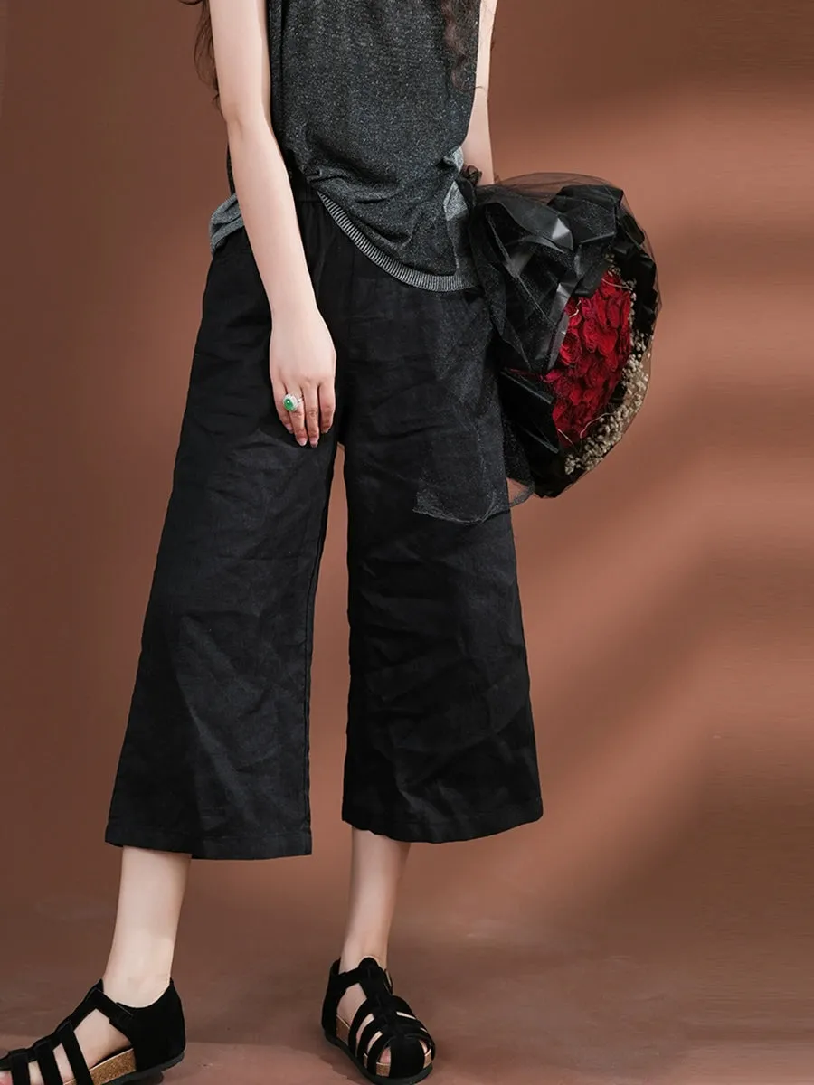 Women Summer Pure Color 100%Linen Wide-leg Cropped Pants