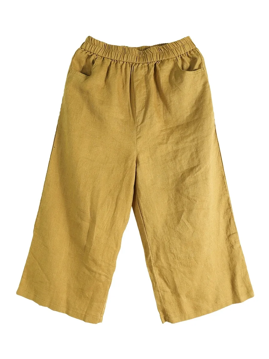 Women Summer Pure Color 100%Linen Wide-leg Cropped Pants