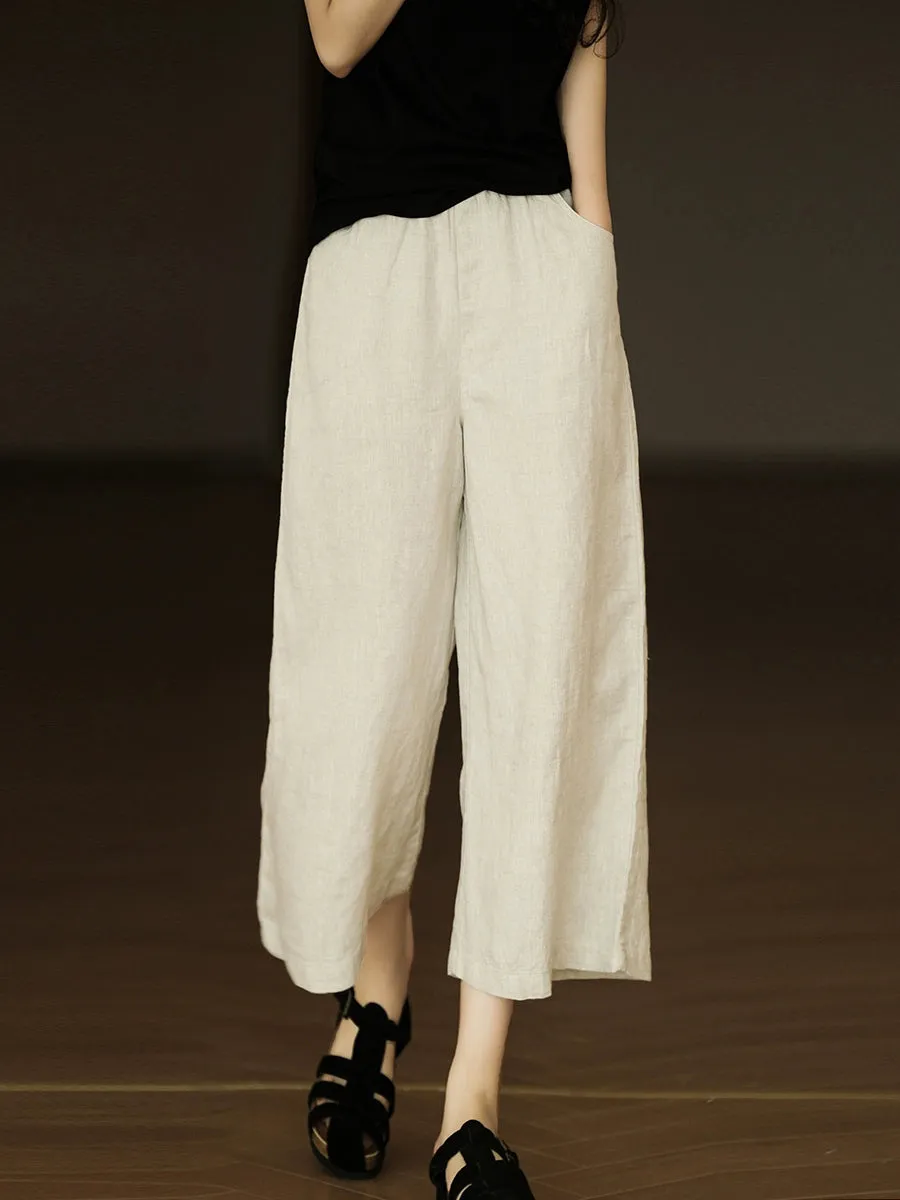 Women Summer Pure Color 100%Linen Wide-leg Cropped Pants
