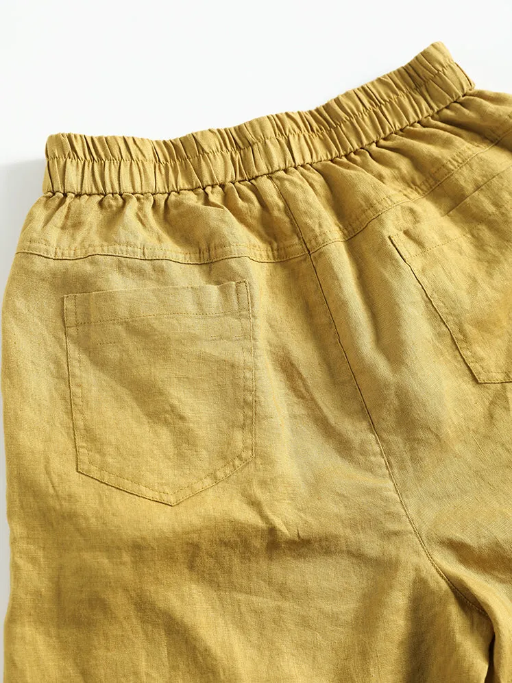 Women Summer Pure Color 100%Linen Wide-leg Cropped Pants