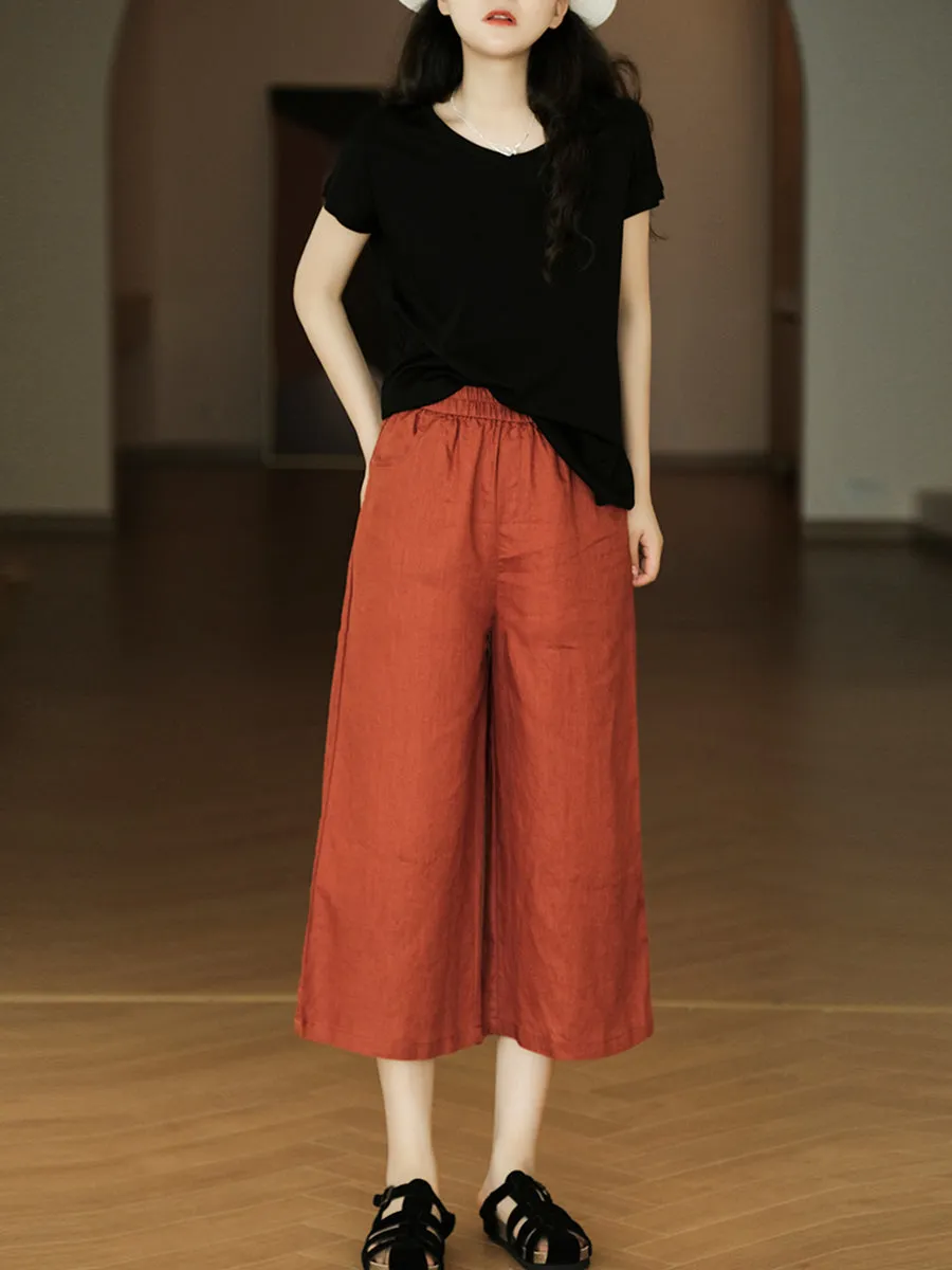 Women Summer Pure Color 100%Linen Wide-leg Cropped Pants