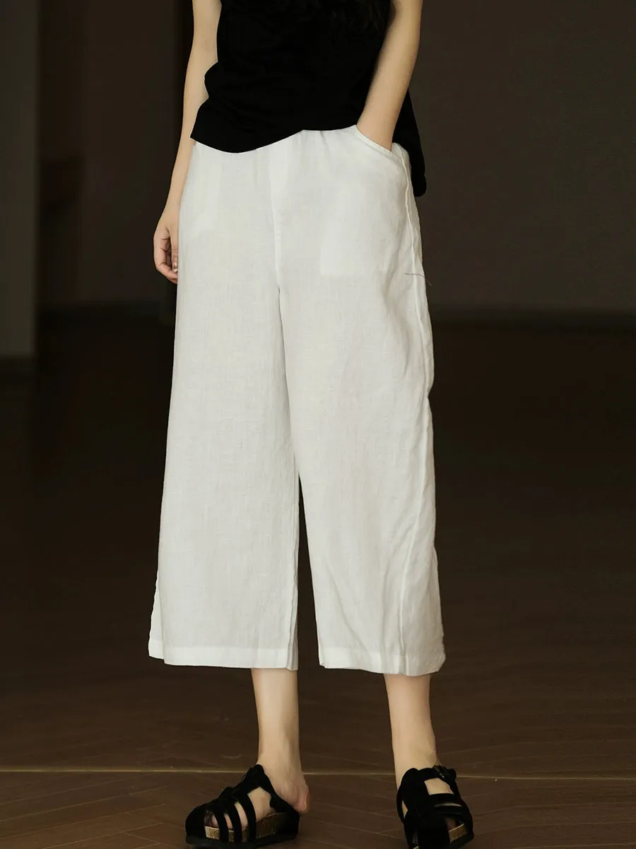 Women Summer Pure Color 100%Linen Wide-leg Cropped Pants