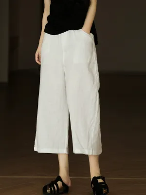 Women Summer Pure Color 100%Linen Wide-leg Cropped Pants