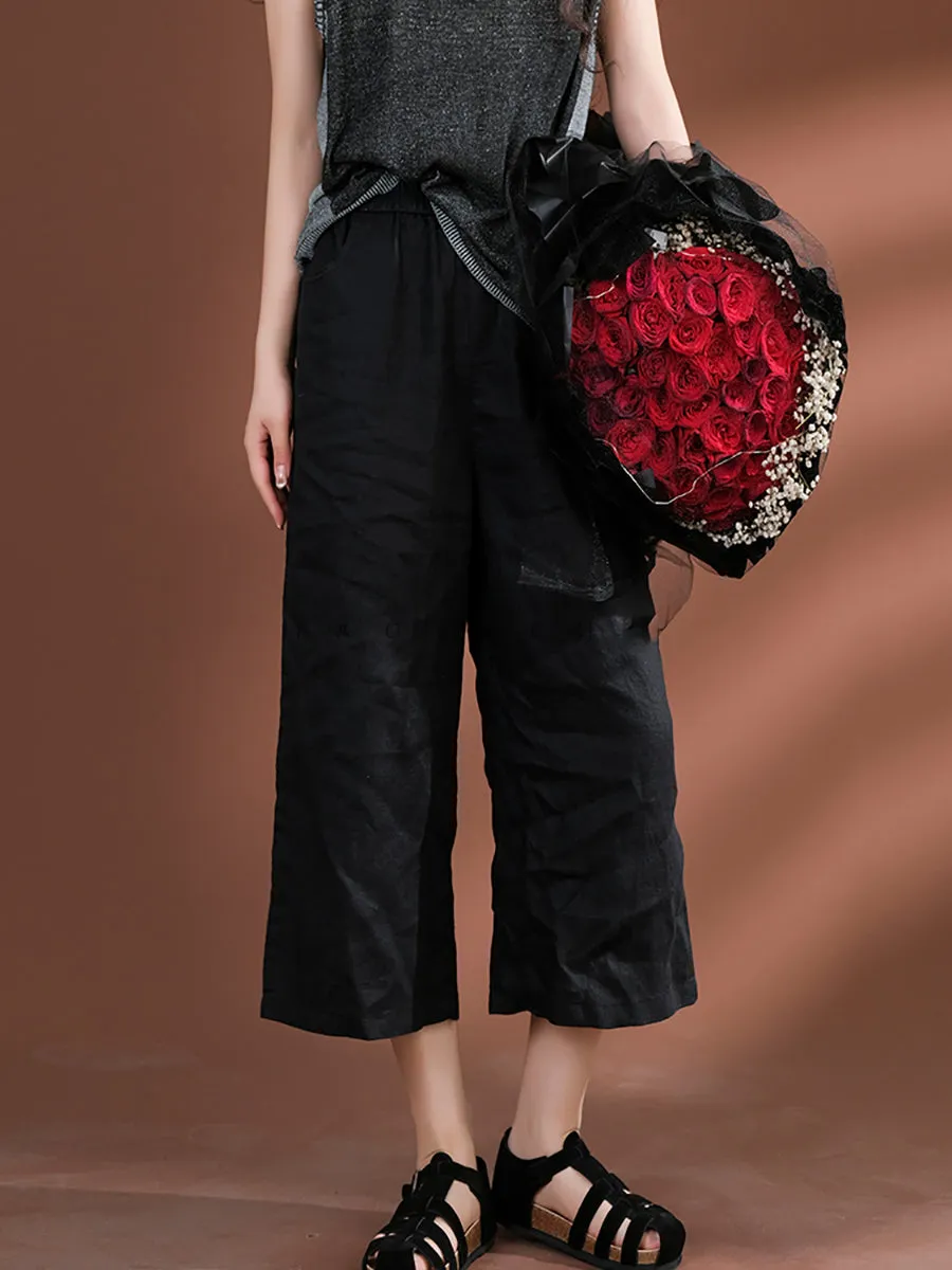 Women Summer Pure Color 100%Linen Wide-leg Cropped Pants