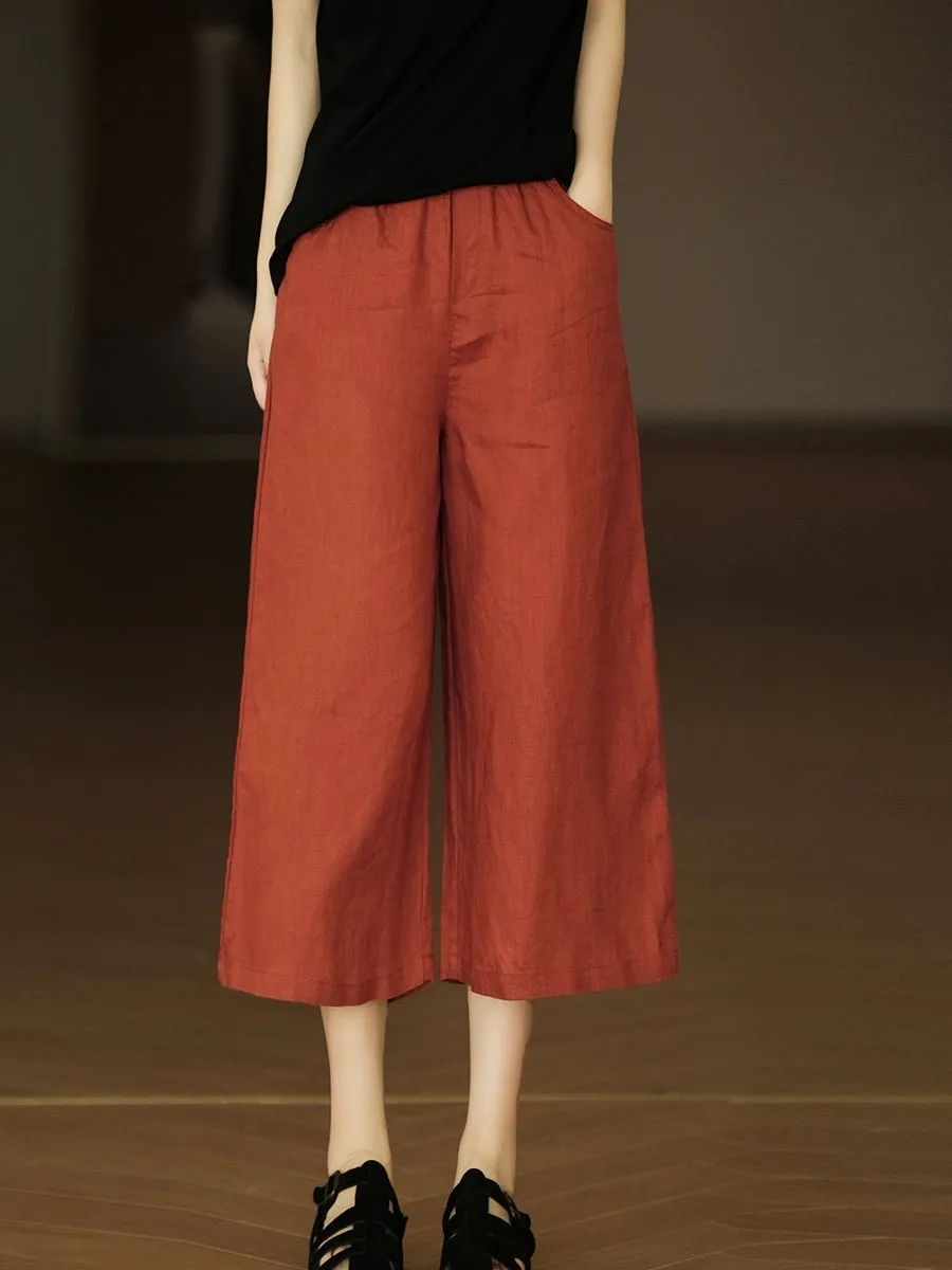 Women Summer Pure Color 100%Linen Wide-leg Cropped Pants