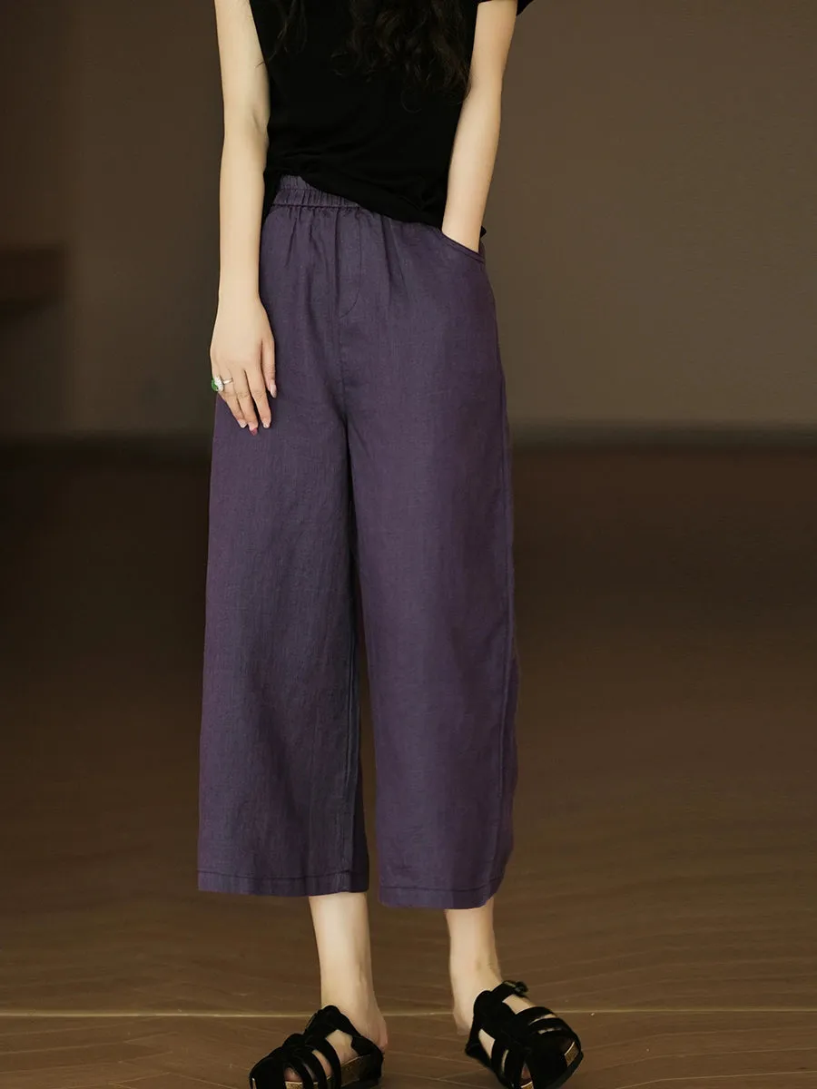 Women Summer Pure Color 100%Linen Wide-leg Cropped Pants
