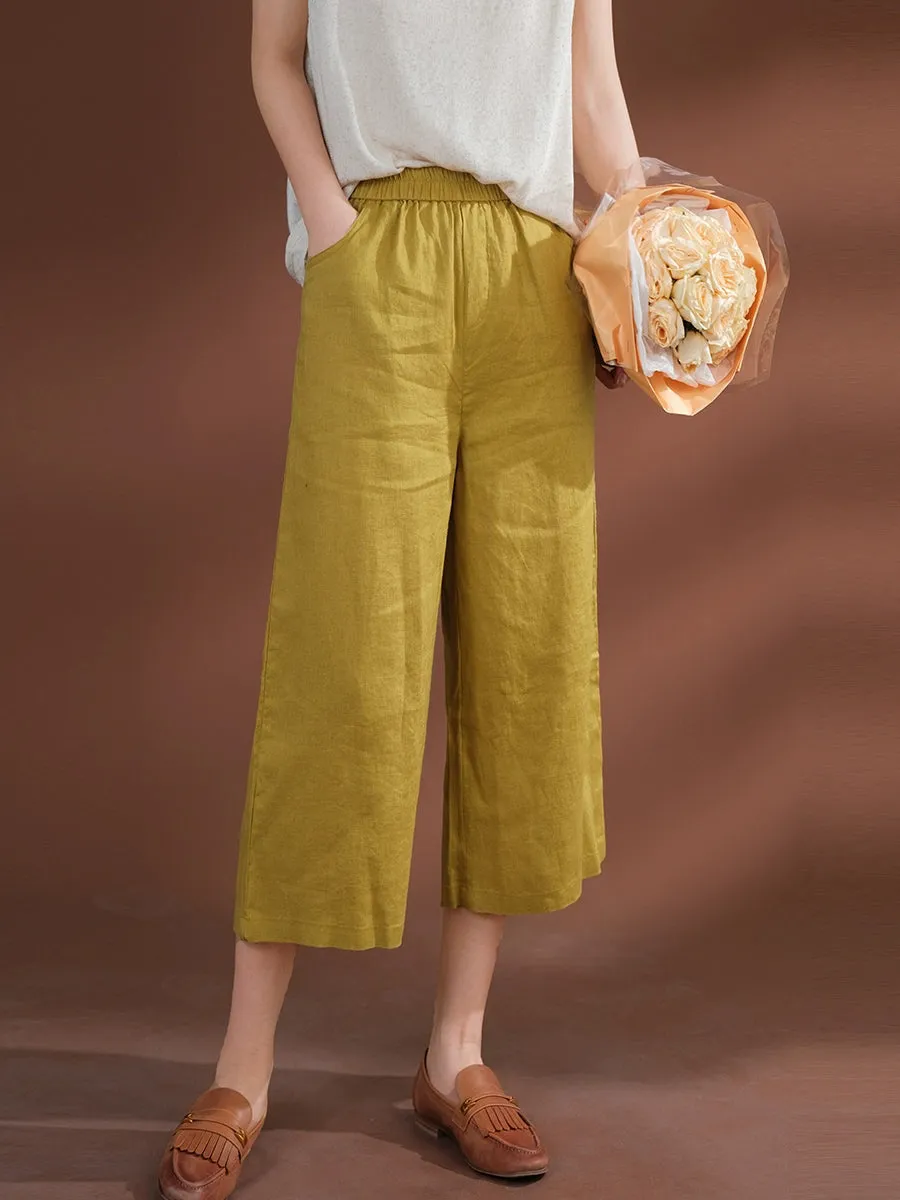 Women Summer Pure Color 100%Linen Wide-leg Cropped Pants