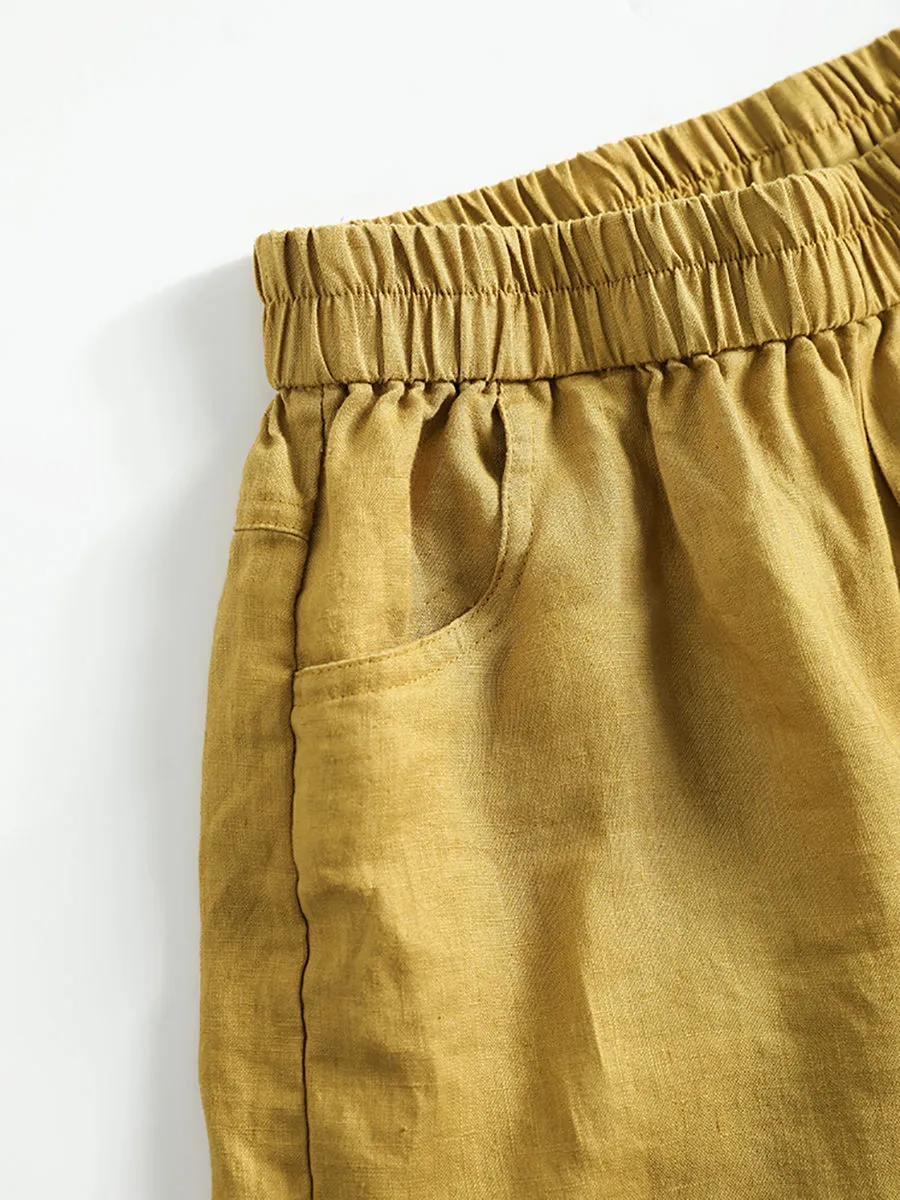 Women Summer Pure Color 100%Linen Wide-leg Cropped Pants