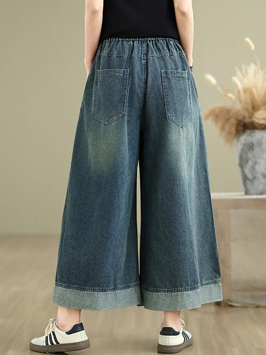 Women Summer Retro Spliced Denim Wide-leg Pants