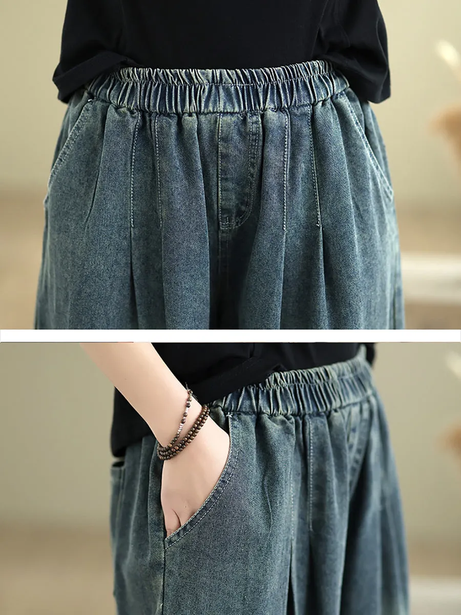 Women Summer Retro Spliced Denim Wide-leg Pants