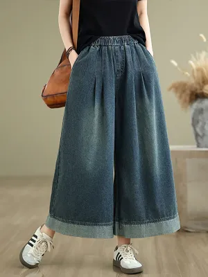 Women Summer Retro Spliced Denim Wide-leg Pants